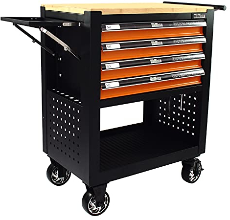 TRUTZHOLM Werkstattwagen Profi Compact Massive Holzplatte mit 4 Schubladen + Stauraum leer Montagewagen Werkzeugwagen Seitenablage (orange/schwarz)