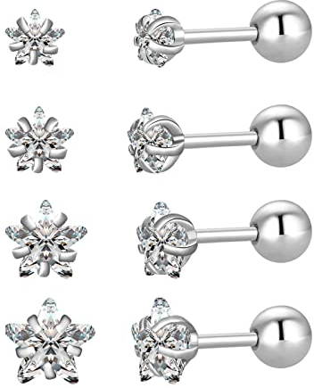 4 Pairs Screw Back Star Heart Square Round Stud Earrings Set, 18K Gold Plated Surgical Stainless Steel Cubic Zirconia Stud Earrings 3-6mm (Silver Star CZ)
