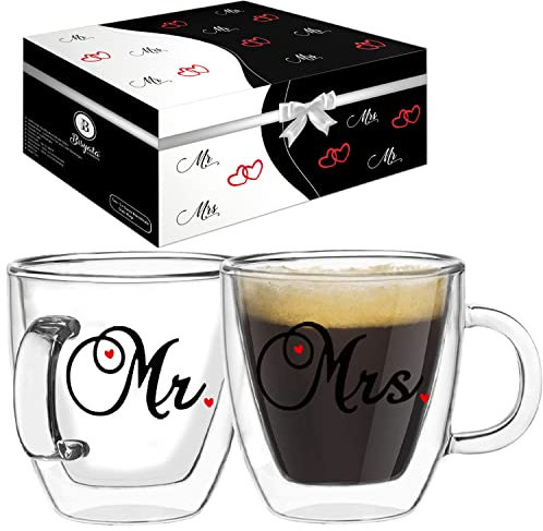 Bisyata Mr and Mrs Gifts - Tazas de espresso Mr & Mrs de 5.5 onzas, regalo para pareja, Navidad, boda, compromiso, aniversario, despedida de soltera, tazas de vidrio de borosilicato de doble pared