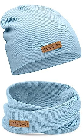 Bubalove Mützen und Schals für Jungen, Mädchen, Babys, Größen 1 Jahr bis 8 Jahre+ viele Farben, Baumwolle Kinderset Mütze und Schornstein, Baumwollmützen, (blau, 1-3 Jahre (42-48 cm))