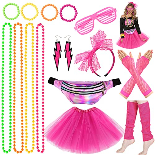 iZoeL Deguisement Annee 80 Femme Déguisement Halloween Accessoire Costume Fille Déguisement Disco Tutu Fluo Sac Banane Costume Halloween