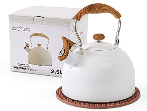 LONFFERY Bollitore per tè da 2,5 quarti fischietto, teglie per stufa in acciaio inox con manico pieghevole in legno, colore bianco