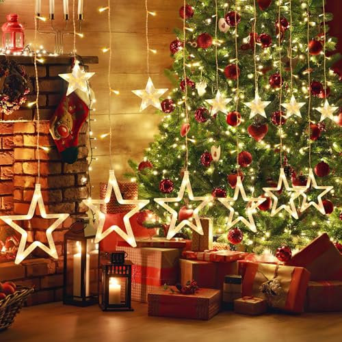 Yakimz LED Lichtervorhang, 12 Sterne LED Lichterkette 138 LEDs Warmweiß mit 8 Modi, Innen Außenlichterkette Wasserdicht Dekoration für Weihnachten IP44 Wasserdicht (Netzkabel 3 Meter)