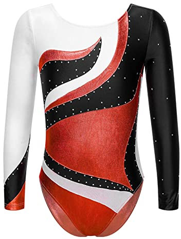 Alvivi Kinder Mädchen Turnanzug Gymnastikanzug Ballettanzug Langarm Tanzbody mit Strass Ballett Trikot Leotard Fitness Sport Training Wettkampf H Rot 158-164