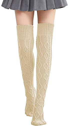 Nanxson Damen Lang Stulpe Leg Warmer Gestrickte Over-Knee Lange Beinstulpe Tanzen Strumpf (Beige Gelb-80)