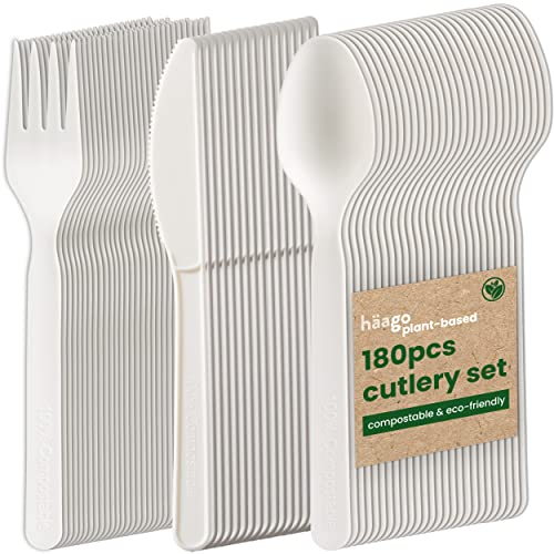 HAAGO 180 Stück Besteck-Set, 60x Messer, 60x Gabeln, 60x Löffel -Wiederverwendbares, spülmaschinenfestes Hochleistungsbesteck für Partys, Hochzeiten, Veranstaltungen, für heiße & kalte Speisen - Weiß