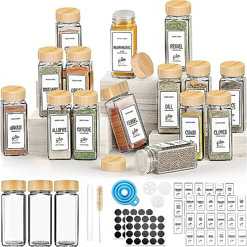Yibaodan 12 Spice Jars with Bamboo Lids 4OZ Glass Spice Jars with Shaker Lids, Glass Spice Containers Seasoning Jars Bottles with 60 Spice Labels, (12-YG-01)