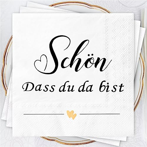 Wentsent 80 Stück Servietten Schön DASS Du Da Bist Herz Weiß | 3 Lagig Papierservietten Hochzeit | Tischdeko für Taufe | Kommunion | Konfirmation Junge Mädchen
