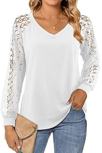 Beluring Ladies Long Sleeve T Shirt Elegant Lace Sleeve Shirt Dressy Top White Size 16 18