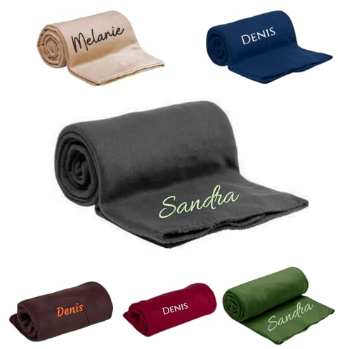 Pet-Jos Personalisierte Kuscheldecke Bestickt mit Namen oder Wunschtext Bestickt, Decke 200 cm x 150 cm, Wohndecke mit Stickerei, weiche und kuschelige Sofadecke (Grau)