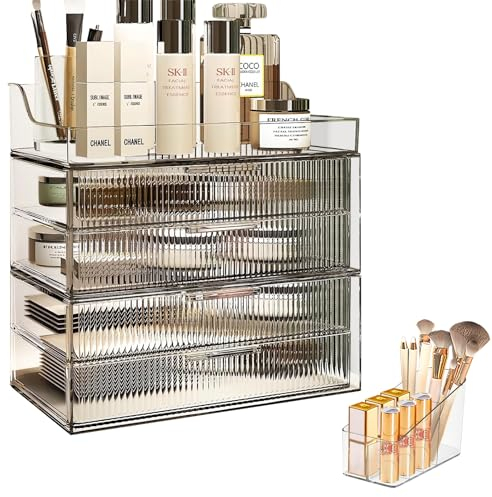 DASITON 4 Layers Makeup Organiser Storage for Vanity, Large Make Up Desktop Storage Box with Drawer, Dustproof Bathroom Organiser for Perfume, Jewelry, Skincare and Cosmetic Products (Clear)