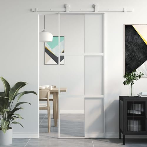 Gecheer Puerta corredera interior de cristal templado para cocina, baño, entrada, color blanco, 76 x 205 cm, aluminio