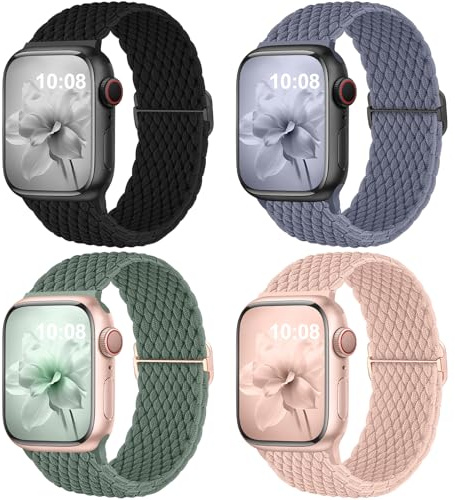 4 Pack Braided Strap Compatible for Apple Watch Straps 40mm 41mm 38mm 42mm 44mm 45mm 46mm 49mm, Breathable Stretchy Elastic Sport Loop for iWatch Series 11 10 9 8 7 6 5 4 3 2 1 SE Ultra for Women Men