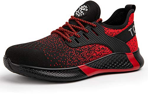 tqgold Sicherheitsschuhe Herren Damen Leicht Arbeitsschuhe Sportlich Schutzschuhe Stahlkappenschuhe rutschfest Atmungsaktiv (Größe 45EU,Rot)