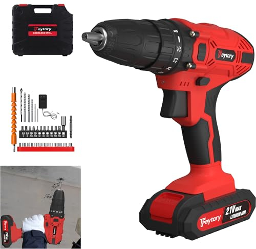 Elektrischer Akku-Bohrschrauber, 2700RPM Elektro-Schlagbohrmaschine mit 29 Teilen Zubehör, 3/8'' Bohrfutter Schlagbohrer-Set mit 2x 1.3Ah Li-Ion Batterien mit Schnellladegerät - Rot