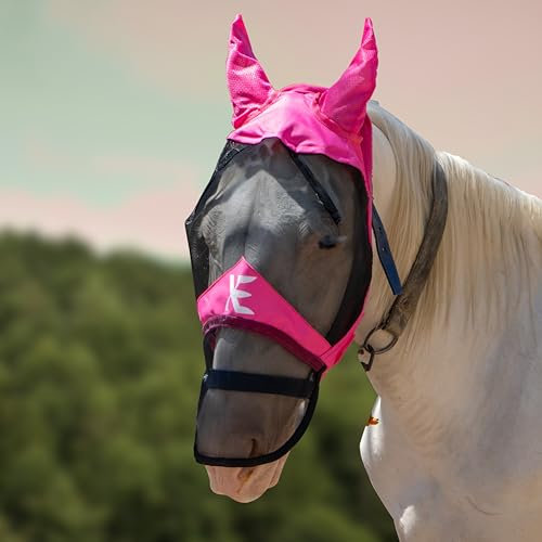 XE Pferde Fliegenmaske mit Ohren – Atmungsaktive Mesh Vollgesichts und Nasen Pferdemaske für UV Schutz und Pferdefliegen, Standard Rosa Pferde Fliegenmaske für den REIT (Rosa, Full (L))
