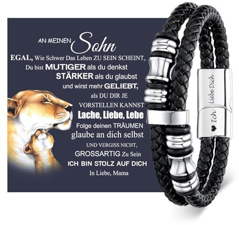 Armband Herren Lederarmband Sohn Geschenk von Mama - Armband für Meinen Sohn Geburtstagsgeschenk für Teenager 18. Geburtstag Junge Azubi Mutmacher Geschenk für 16 19 21 Jährige Männer (Silber, 19.00)