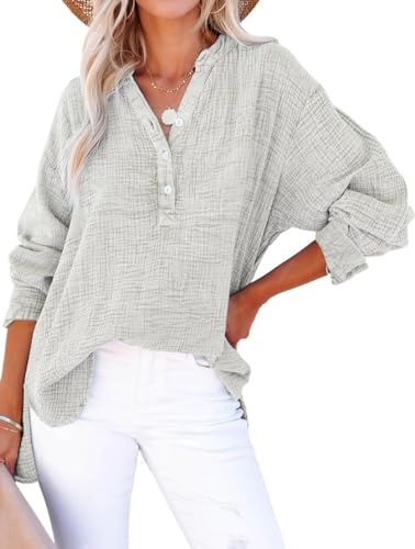 PADOLA Musselin Bluse Damen Baumwolle Blusen Tuniken für Damen Button Down Henley Shirt Plissee Einfarbige Hemdbluse Tshirt Damen Sommer Oversize Shirt Blusenshirt Tunika Tops (2 Hellgrau, L)
