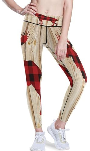 Yoga-Hose für Frauen mit Hoher Taille,Weihnachten Büffel Elch Holz Fitnessstudio Trainieren Laufen Hose Yoga Leggings für Frauen Weihnachten