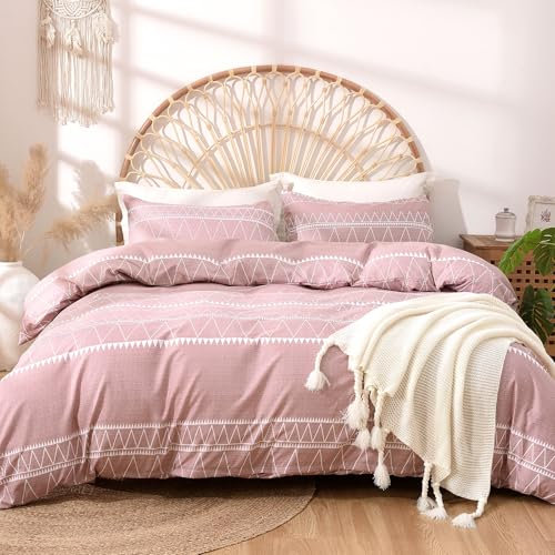 Lekesky Pink King Size Duvet Cover Sets 3 Piece Boho Stripe Print - Soft Microfibre Bedding Sets King Size Duvet Cover (1x Quilt Cover, 2x Pillowcases) Pink Bedding 230x220 cm