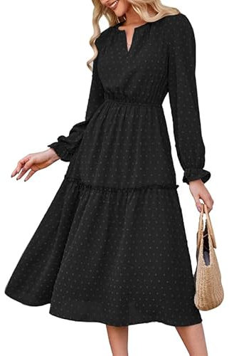 JASAMBAC Party Dress for Women, Black, XL, Adult, Midi, Long Sleeve, V-Neck, High Waist, A-Line, Polka Dots, Elegant Retro, Casual, Dress
