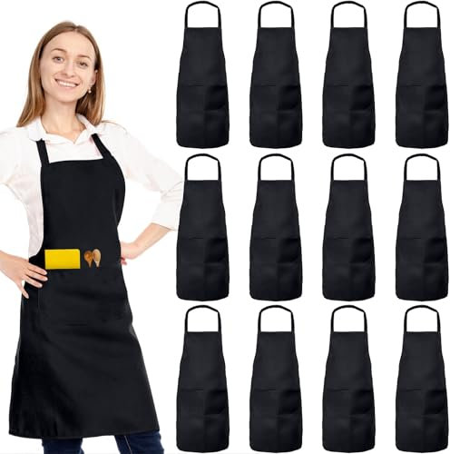 XEMGUE Paquete de 12 delantales unisex para restaurante y cocina para mujeres con 2 bolsillos, delantales de chef para cocinar, hombres, barbacoa, pintura, dibujo, manualidades, adultos, color negro a