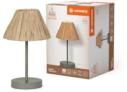 LEDVANCE Tischleuchte Decor Raffia grün-braun aus Bast und Metall, E27, 200 mm Durchmesser, Leuchtenschirm aus recyceltem Material, nachhaltig durch austauschbare Lichtquelle, einfache Montage