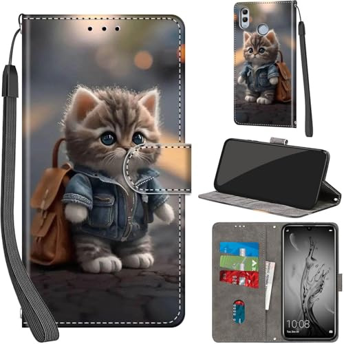 Coque pour Huawei P Smart 2019/Honor 10 Lite, Chat | Ranges Cartes, Fonction Support, Housse en Cuir PU Premium, Etui à Rabat, Pochette de Portefeuille
