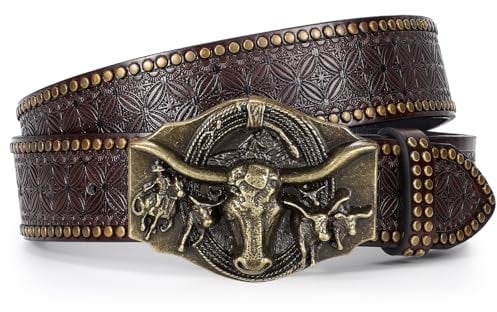 LEACOOLKEY Western Cowboy Ledergürtel für Männer Frauen Cowgirl Western Das Land Gürtel Herren Schnalle Gürtel für Jeans Hosen