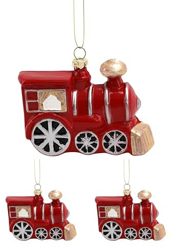 M.Kritzinger's Kunststoff-Weihnachtskugeln, Lokomotive, rot und Silber, 12 cm, 3er Set