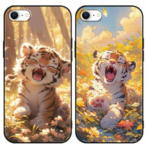 Yimctoie 2 Stück Handyhülle für iPhone 7/8/SE 2020/SE 2022 4,7,Cute Tiger Kawaii Tier Aesthetic Muster Hülle,Niedlich Cartoon Karikatur Case,Schwarze Silikon Schutzhülle Bumper Stoßfeste Cover
