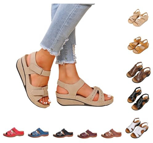 YAOJIWANG Sandales Femme été Confortable Sandales Orthopédique Compensées Plateforme Chaussures Antidé Rapantes Respirantes et Nu-Pieds BohêMe Bout Ouvert Chaussures Avec Talon Plateforme Comfy Beige