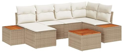 vidaXL Garten-Sofa-Set mit Kissen, 7-teilig, modulare Rattan-Sitzmöbel in Beige und Weiß, perfekt für Balkon und Terrasse. Lounge-Möbel für Garten und Hinterhof.