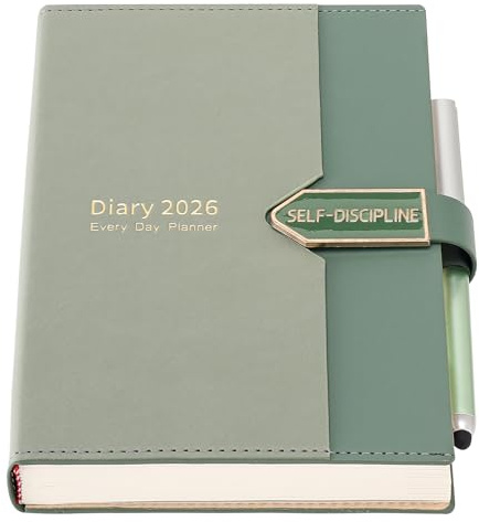 Mljtoyo A5-Tagesplaner 2026, Tag pro Seite, Produktivitätstagebuch, Januar bis Dezember (Hellgrün, A5)