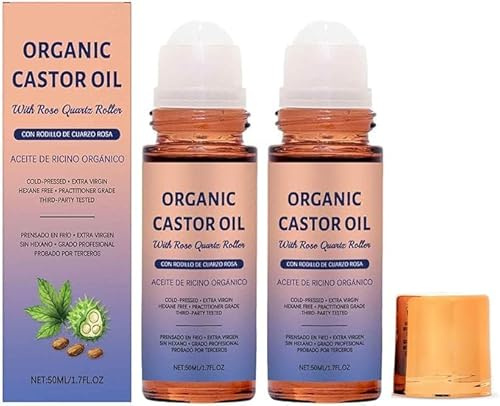 Olio di ricino biologico con rullo al quarzo rosa, olio di ricino biologico, ingredienti naturali, nutre delicatamente la pelle (2 pezzi)