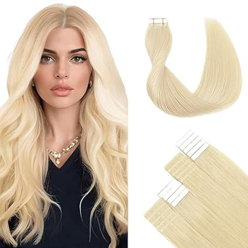 WuvuSnm Tape In Extensions Echthaar Human Hair Straight Invisible Extensions #613 Blonde Color 26 Zolls 20 Pièces/70g Haarverlängerung Echthaar for Women Minimal Smell Low Shedding