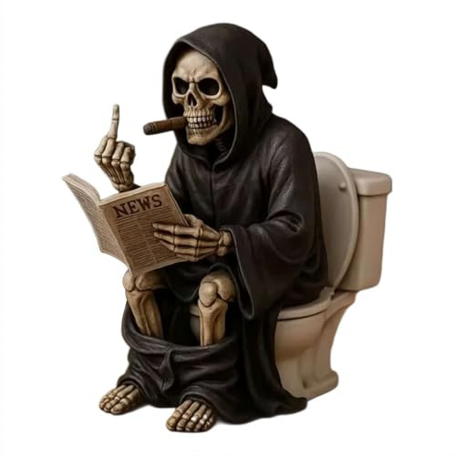 WC-Sensenmann-Figur, Toilettensitzender Geist mit Büchern und Mittelfinger, gruselige Gothic-Skelett-Figuren für Badezimmer, Halloween, lustiger Totenkopf-Sammelstatue für Schreibtisch, Bücherregal