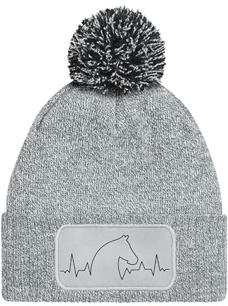 NIMAMA Mütze Beanie Heartbeat Pferd Strick Bommel Wintermütze Statement Lustiger Spruch Unisex Strickmütze für Herren & Damen