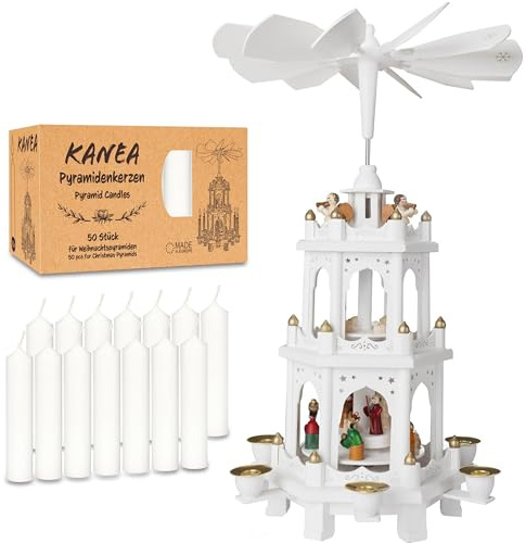 BRUBAKER Weiße Weihnachtspyramide inkl. 50er Pack Pyramidenkerzen Weiß - Holzpyramide mit 3 Etagen & Holz Figuren Handbemalt - 45 cm Pyramide Weihnachten - Drehbare Tischpyramide