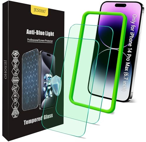 JESOHO Blue Light Screen Protector for iPhone 14 Pro Max 6.7 inch | 2 Pack Blue Light Blocking Tempered Glass Film, Eye Protection, Case Friendly, No Bubble,with Easy Installation Kit.