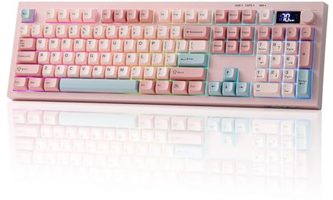 EPOMAKER Aula S102 PRO Tastiera a Membrana Gaming con Schermo e Manopola | Tastiera Silenziosa per PC/Office, BT/2.4G/USB, Retroilluminazione RGB, Struttura in Silicone Morbido (Rosa)