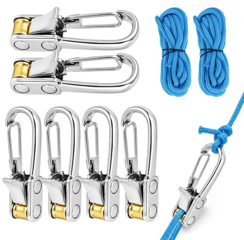 6pcs Rope Roller, Cord and Roped Tightening Tool with Industrial Brass Accessory Paracord & Carabiner Clip,Rapid Adjuster for Outdoor Camping,Hiking,Boat & Stationary Use
