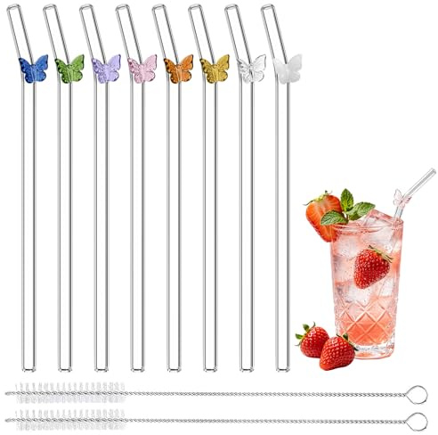 8 Stück Glasstrohhalme Lang, Strohhalme Wiederverwendbar mit Motiv | 20 x 8 mm Trinkhalme Glas Gebogen mit 2 Reinigungsbürsten Glasröhrchen Glasstrohhalme mit Motiv für Säfte Cocktails Smoothie