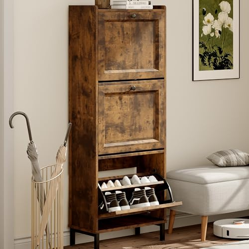 Blishom Armario Estrecho para Zapatos, Mueble Zapatero con 3 Puertas Abatibles con Estantes Ajustables, para 12-18 Pares, para Entrada o Espacios Pequeños, 50x24x130 cm (Retro, 3 Puertas)