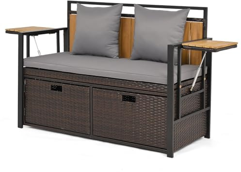 SOARS Gartensofa Rattan mit Kissen, 2-Sitzer Sitzbank mit Kissenbox & klappbaren Seitenablagen, Terrassenbank, belastbar bis 360kg, Truhenbank für Garten, Balkon, Terrasse, 120x51x82 cm (Grau)