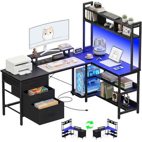 Homieasy 150cm L-Form Eckschreibtisch, Schublade, LED & Steckdose, Schwarz | USB & Type-C, Monitorständer & A4 Ablage, Reversibel, Platzsparend, Metallgestell, MDF