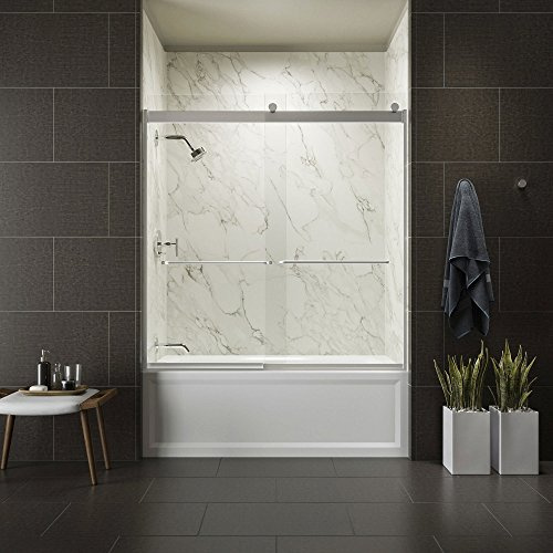 KOHLER K-706004-L-SH Levity Bypass Bath Door with Towel Bar and 1/4-Inch Crystal Clear Glass in Bright Silver