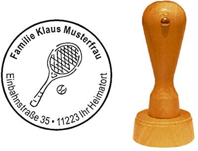 Stempel Motivstempel « TENNISSCHLÄGER mit BALL » Durchmesser ca. Ø 40 mm - mit persönlicher Adresse und Motiv - Tennis Turnier Aufschlag