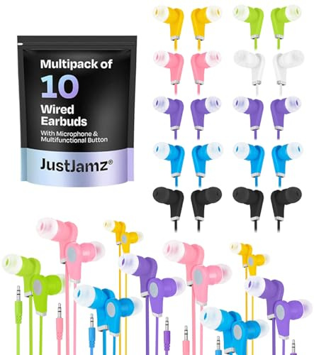 JustJamz BITS 10 Pack Multicolor In-Ear Earbuds, Wired, Noise Isolation, Detachable Cable