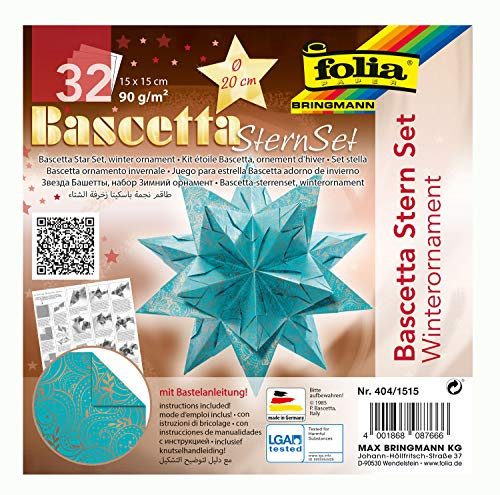 folia 404/1515 - Bastelset Bascetta Stern Winterornament türkis/kupfer, 32 Blatt, 15 x 15 cm, fertige Größe des Papiersterns ca. 20 cm, mit ausführlicher Anleitung - ideal zur zeitlosen Dekoration